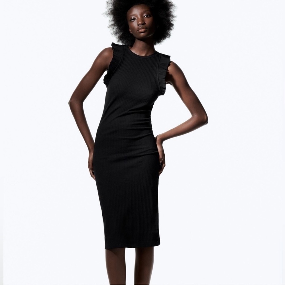 Zara Black Ribbed Ruffle Shoulders Knit Knee Length Dress XL